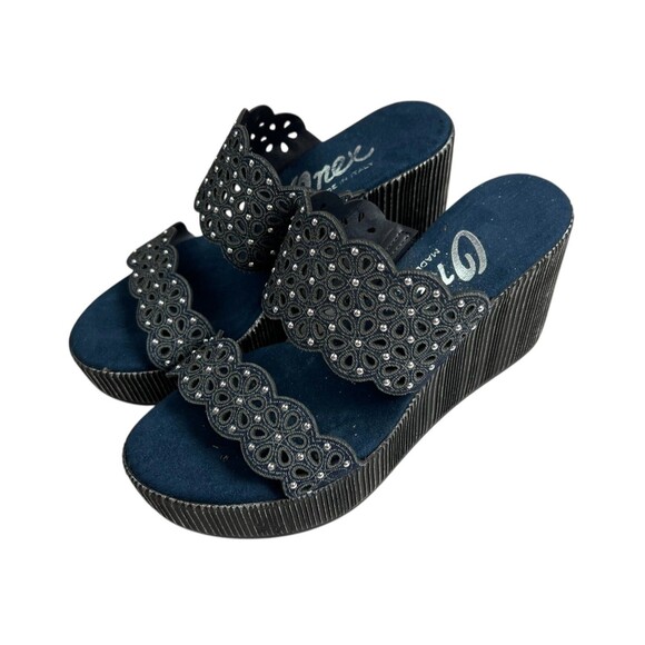 Onex Hip Denim Leather Wedge Sandals  Size 5.5-6  NWOB  Cutouts Studded Platform - Picture 11 of 11